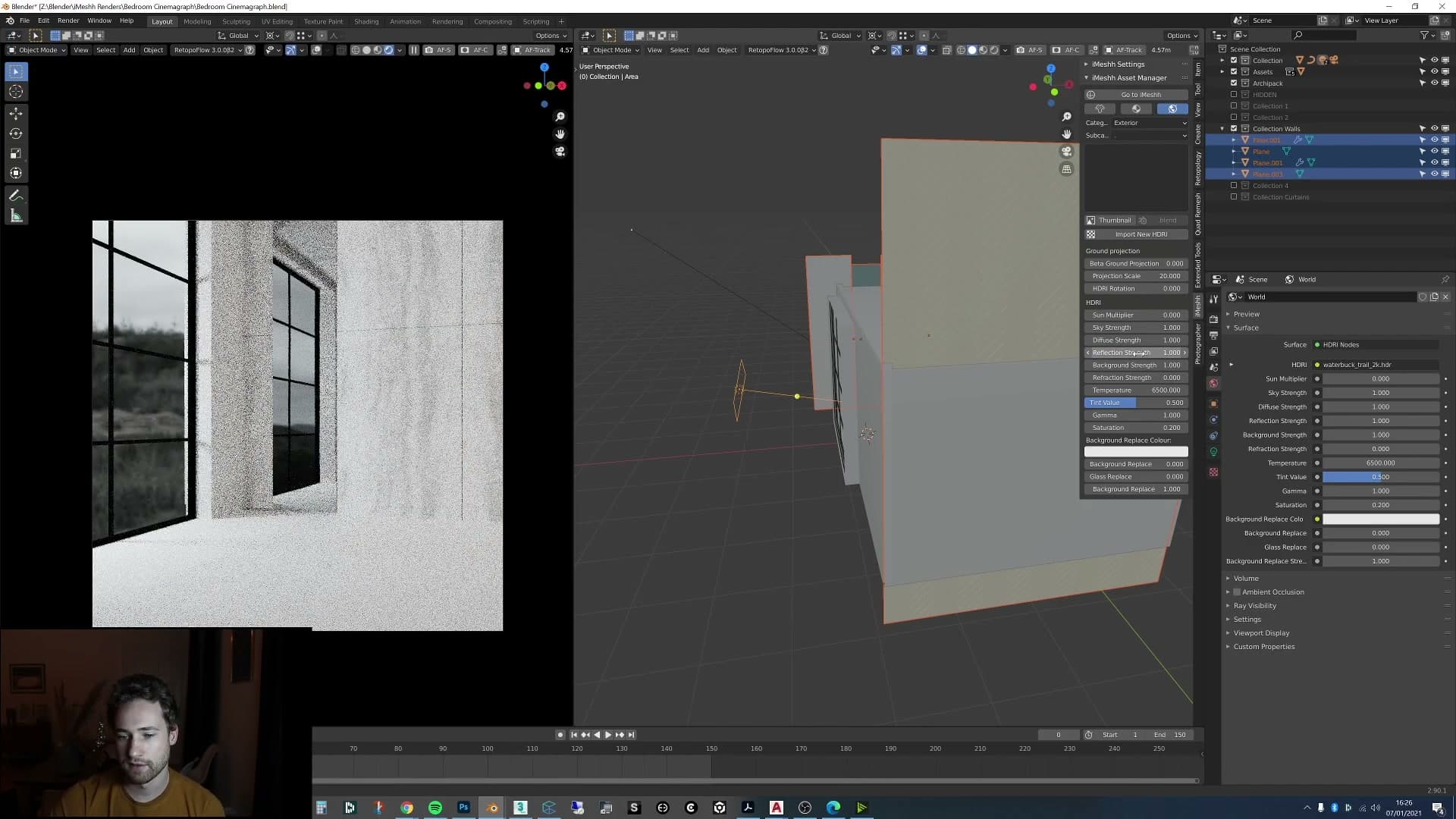 HDRI reflection strength pushed to 10 inside the iMeshh asset manager. The mirror reflects far more punch.