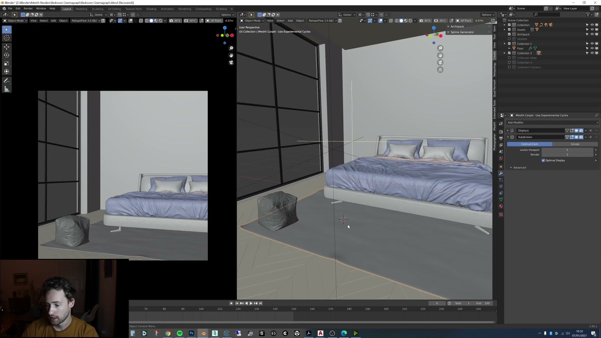 The new iMeshh exclusive bed appended via the asset manager, with crisp creases on the sheets.