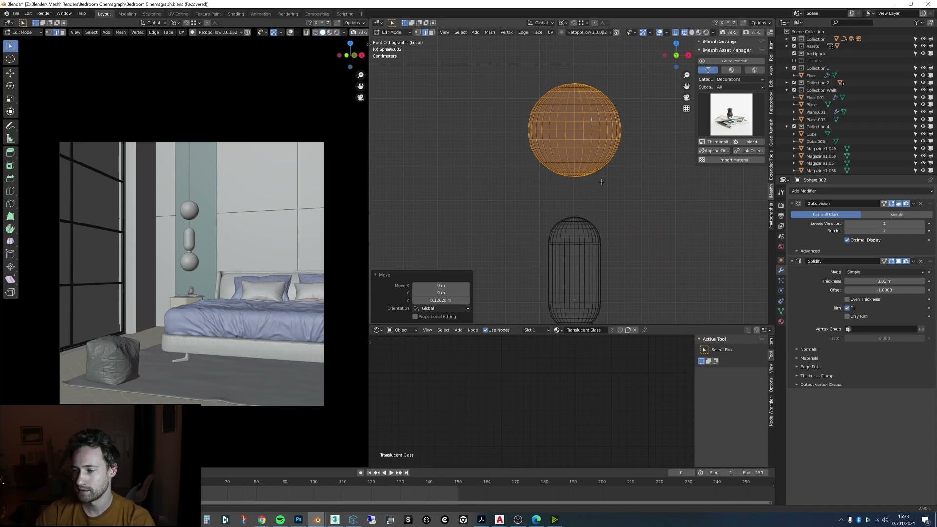 Cylinder extruded up the Z-axis becomes a stylised lamp. Same floor material to keep colours consistent.