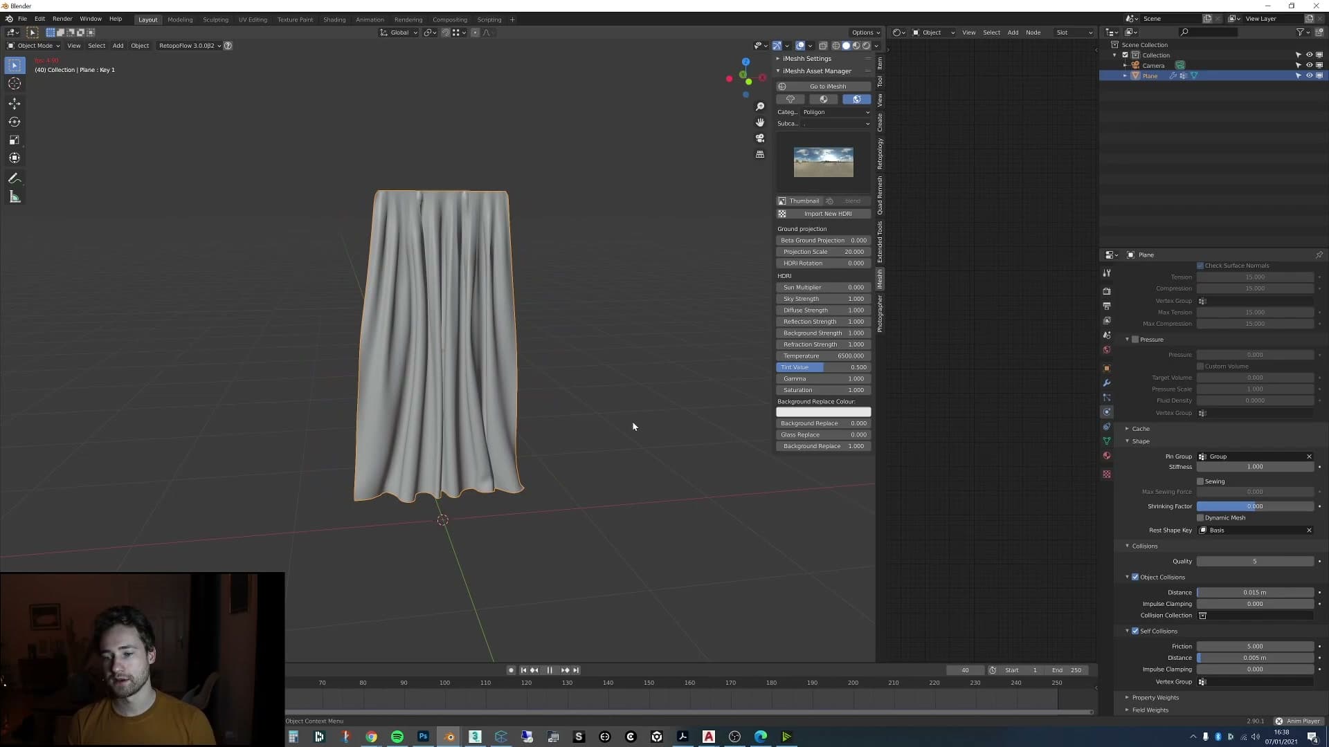 Cloth physics with Silk preset. The vertex group is wired into Shape Pin Group so the top stays locked.