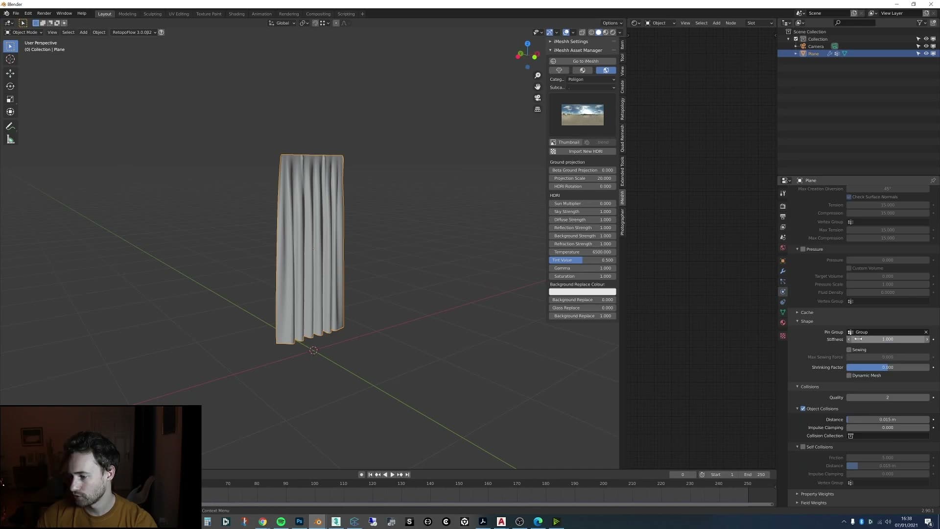 Self collisions enabled around 0.005. The curtain falls into believable pleats before being applied.