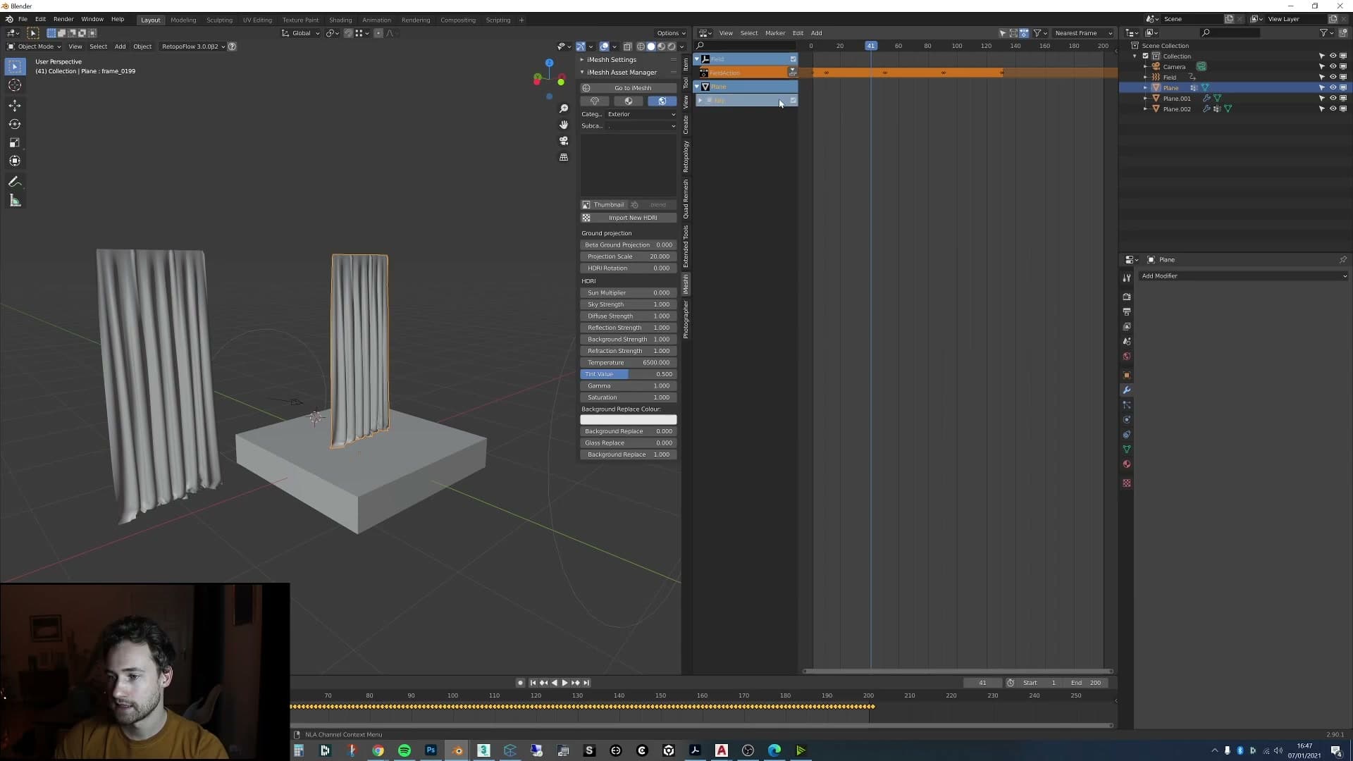 MDD point cache exported from the simulated curtain and re-imported onto a duplicate to bake the motion.