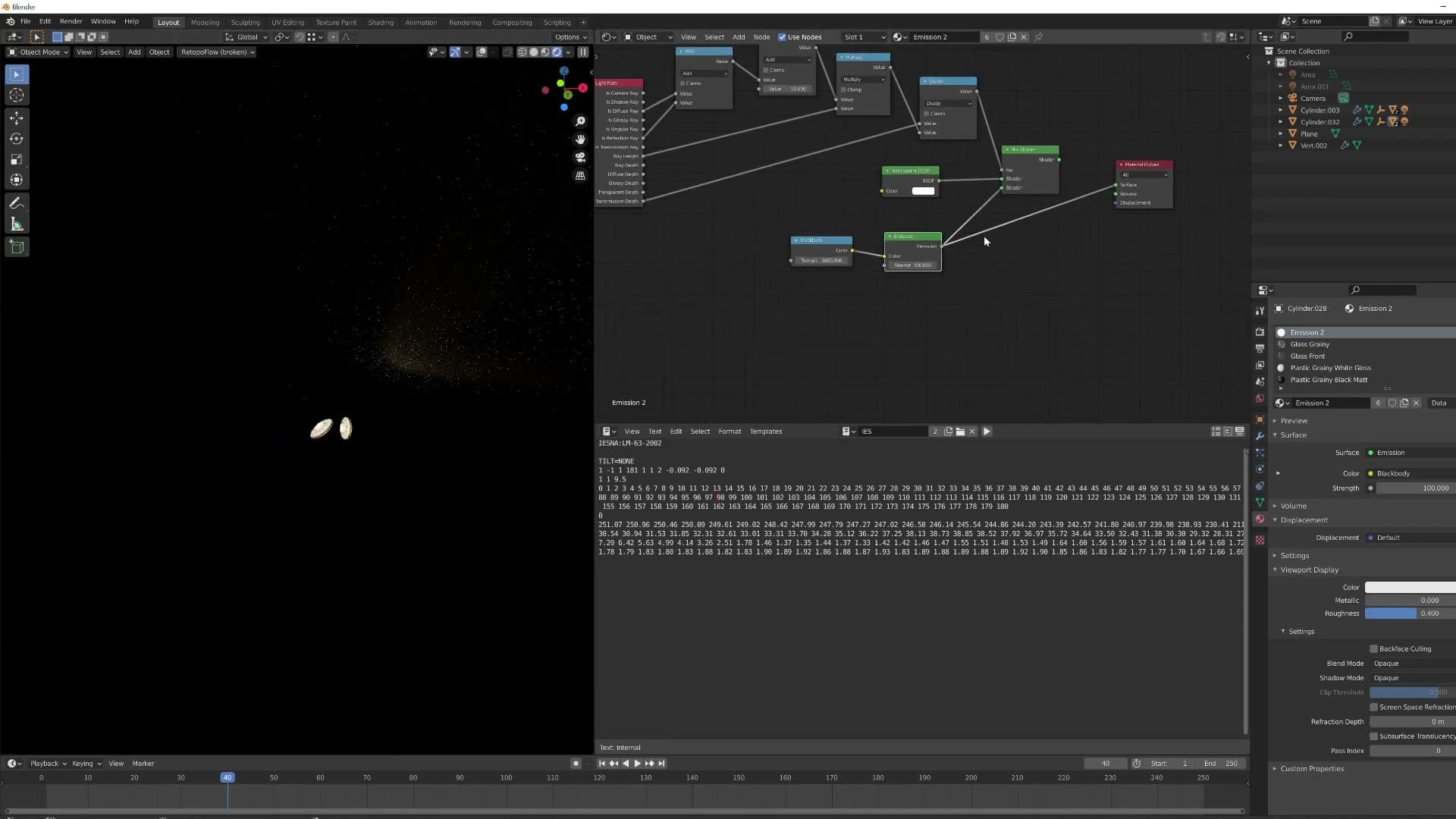 Without any node trickery the render is full of grain: the emission shader is firing through the frosted glass as indirect light.