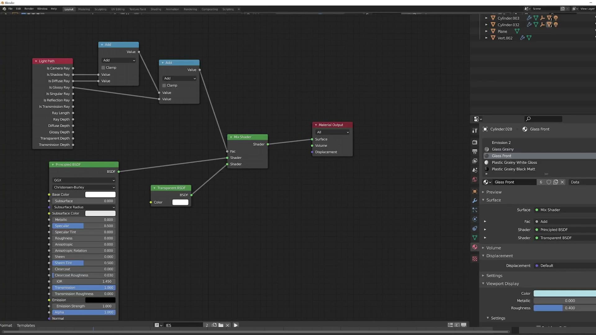 The finished node setup for the clear glass. Is Shadow Ray and Is Diffuse Ray feed an Add, which drives the mix between glass and transparency.
