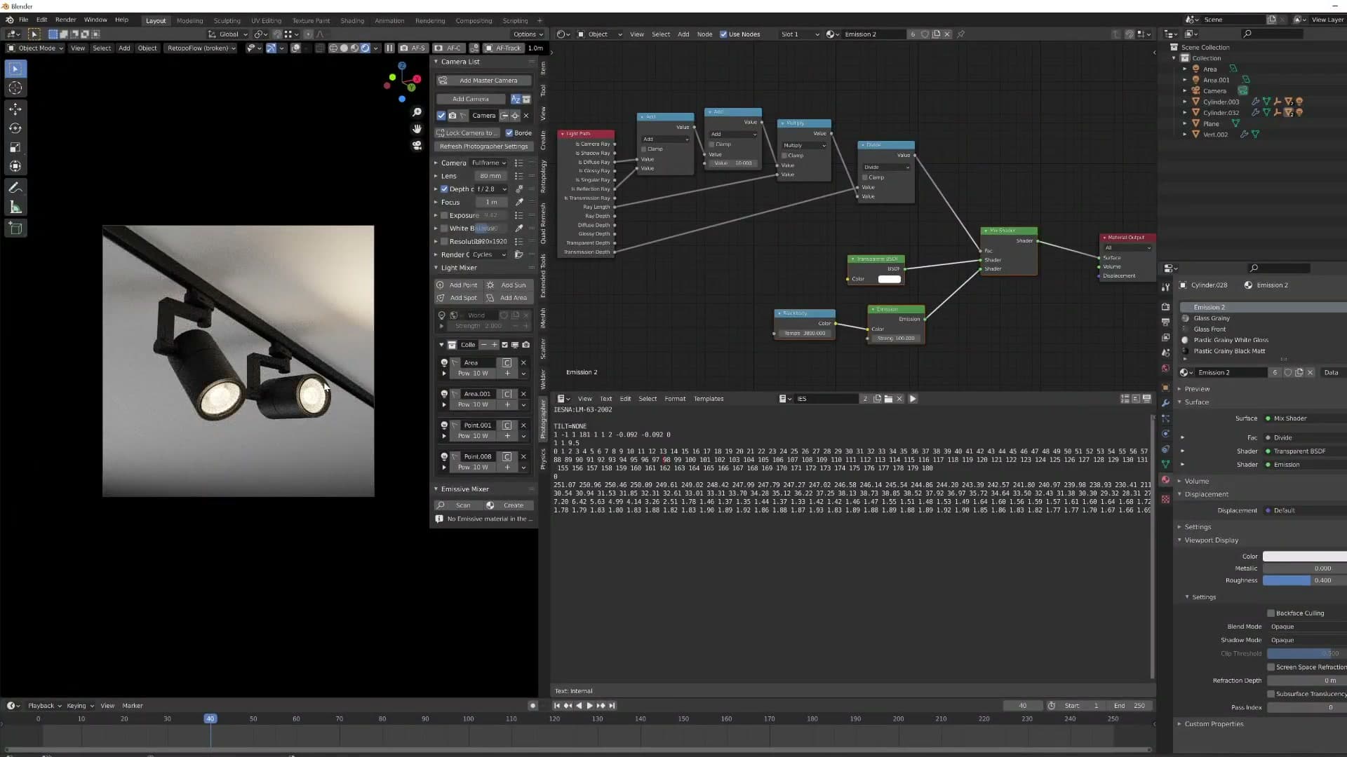 The finished fixtures dropped into a scene: efficient, noise-free lights that can be aimed at any wall without re-editing.