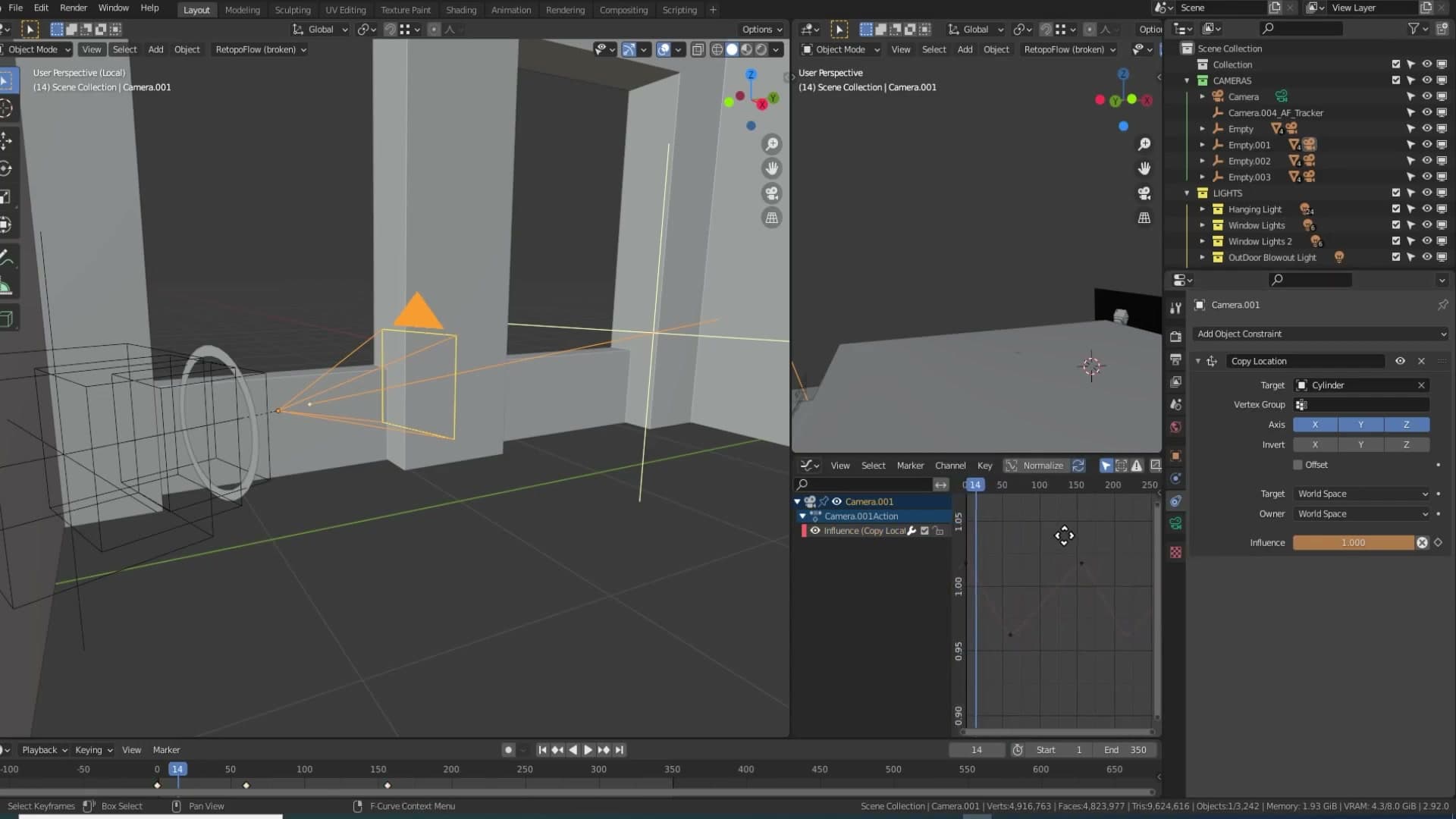 Graph editor showing the noise modifier shaping constraint influence over time