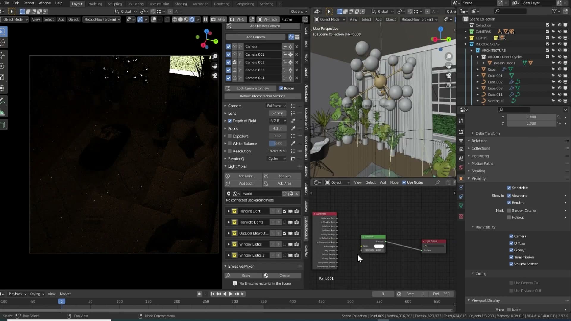 Same scene rendered with the Ray Length trick: bulbs still glow, noise gone