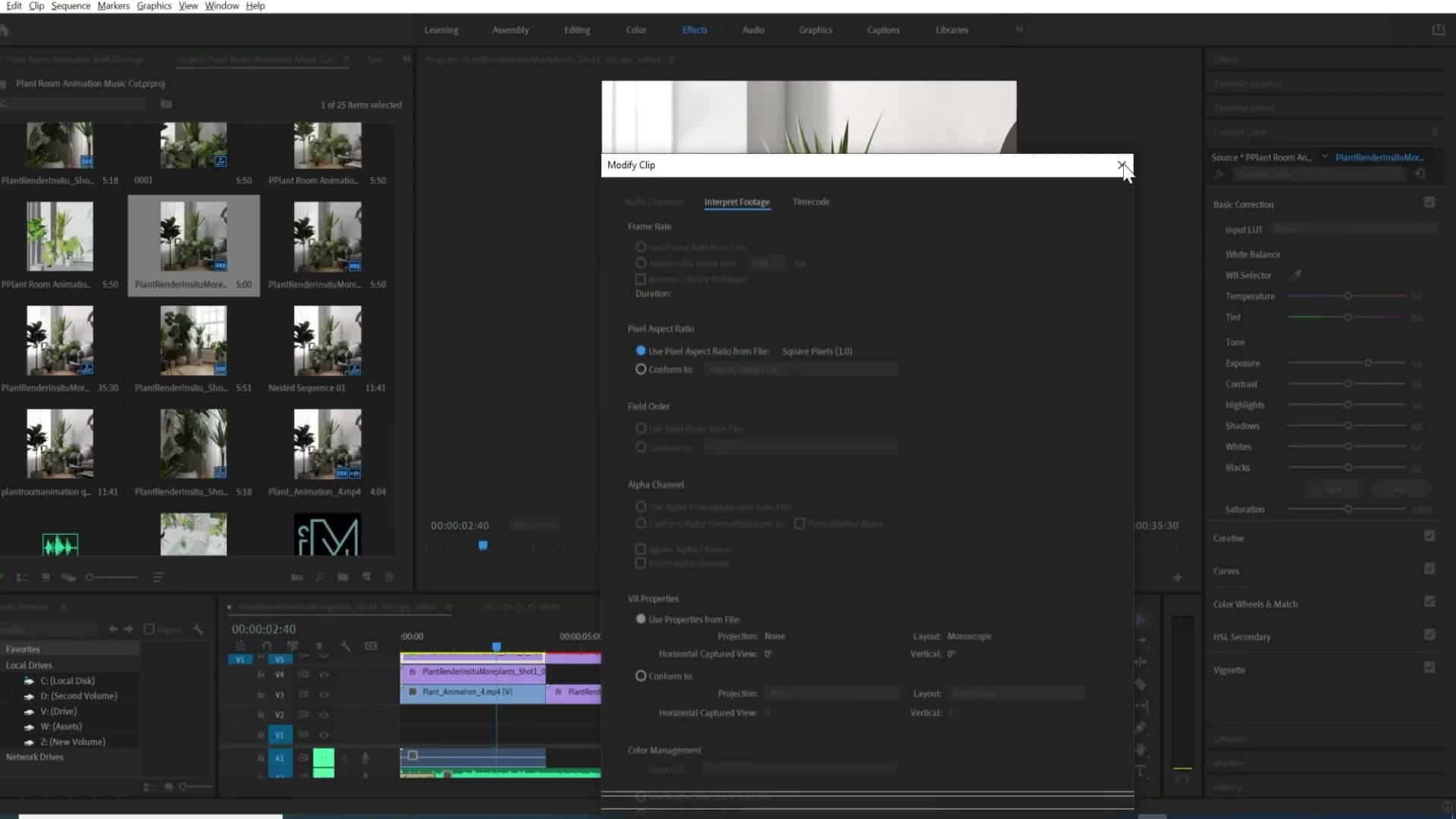 Premiere's Modify > Interpret Footage dialog set to 60fps