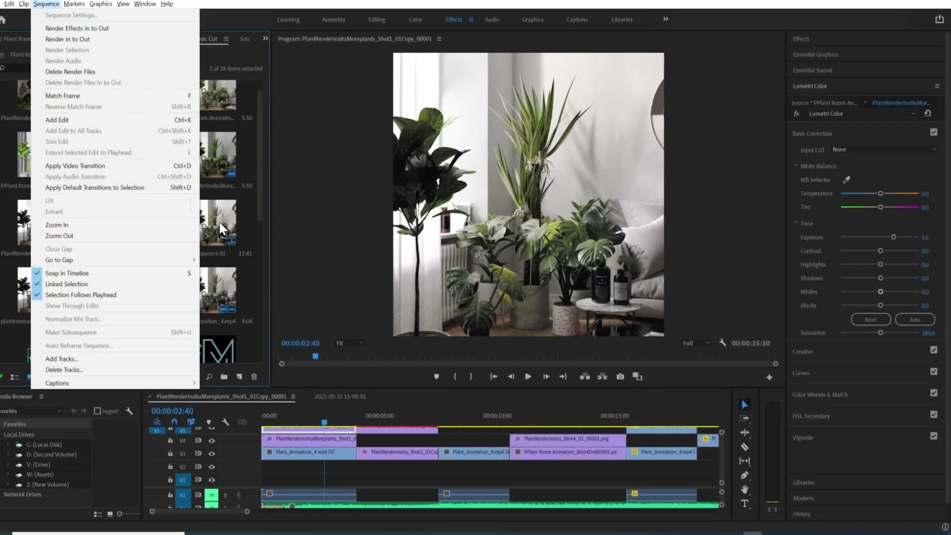 Sequence settings panel matched to 60fps so playback is accurate