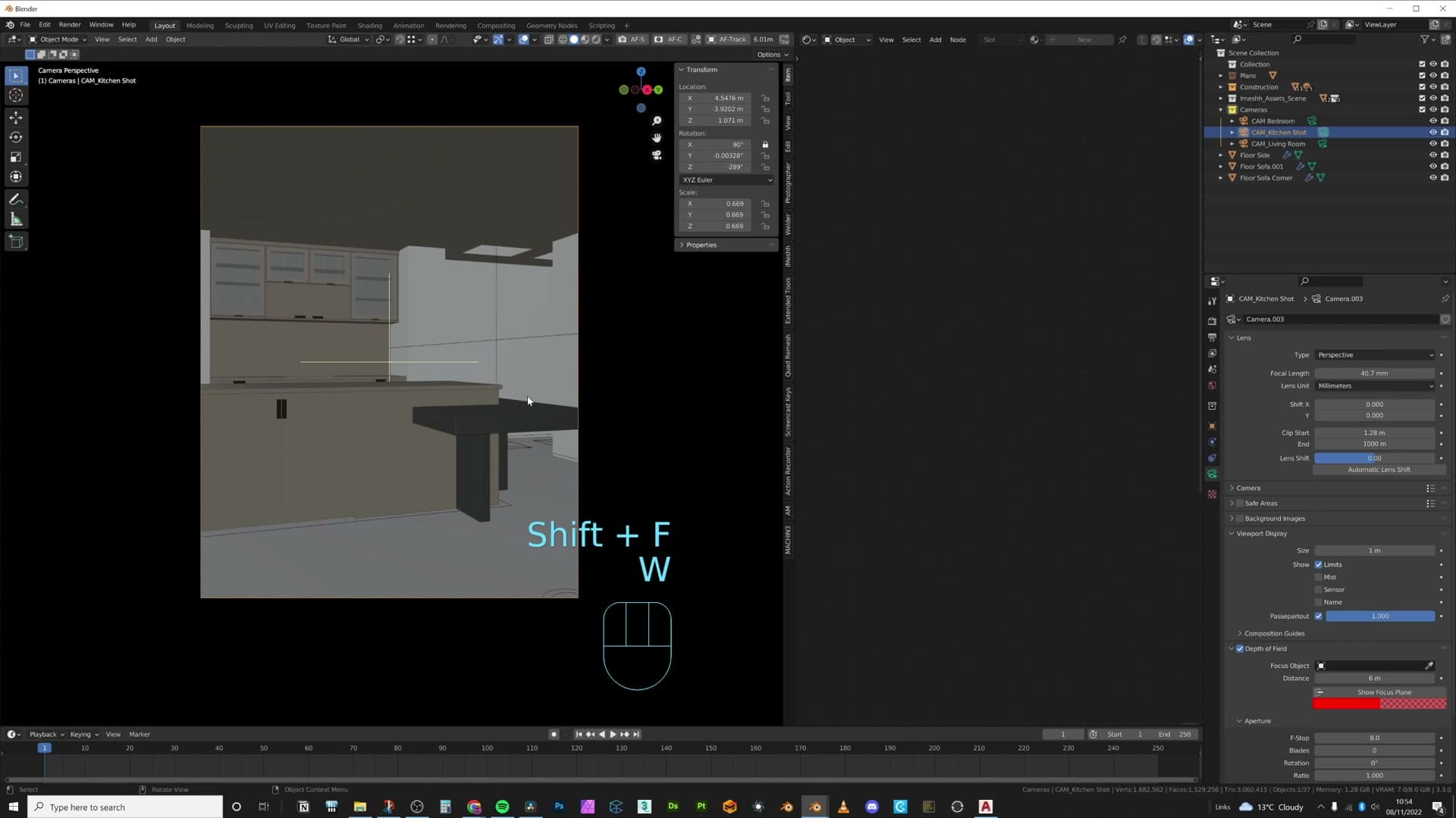 Three cameras named Living, Kitchen, and Bedroom on their own collection layer.