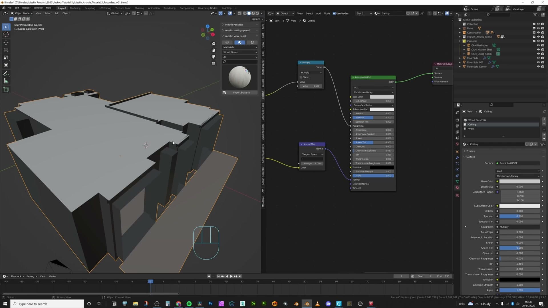 Grey plaster shader with roughness and normal carrying the detail, diffuse left near-flat.