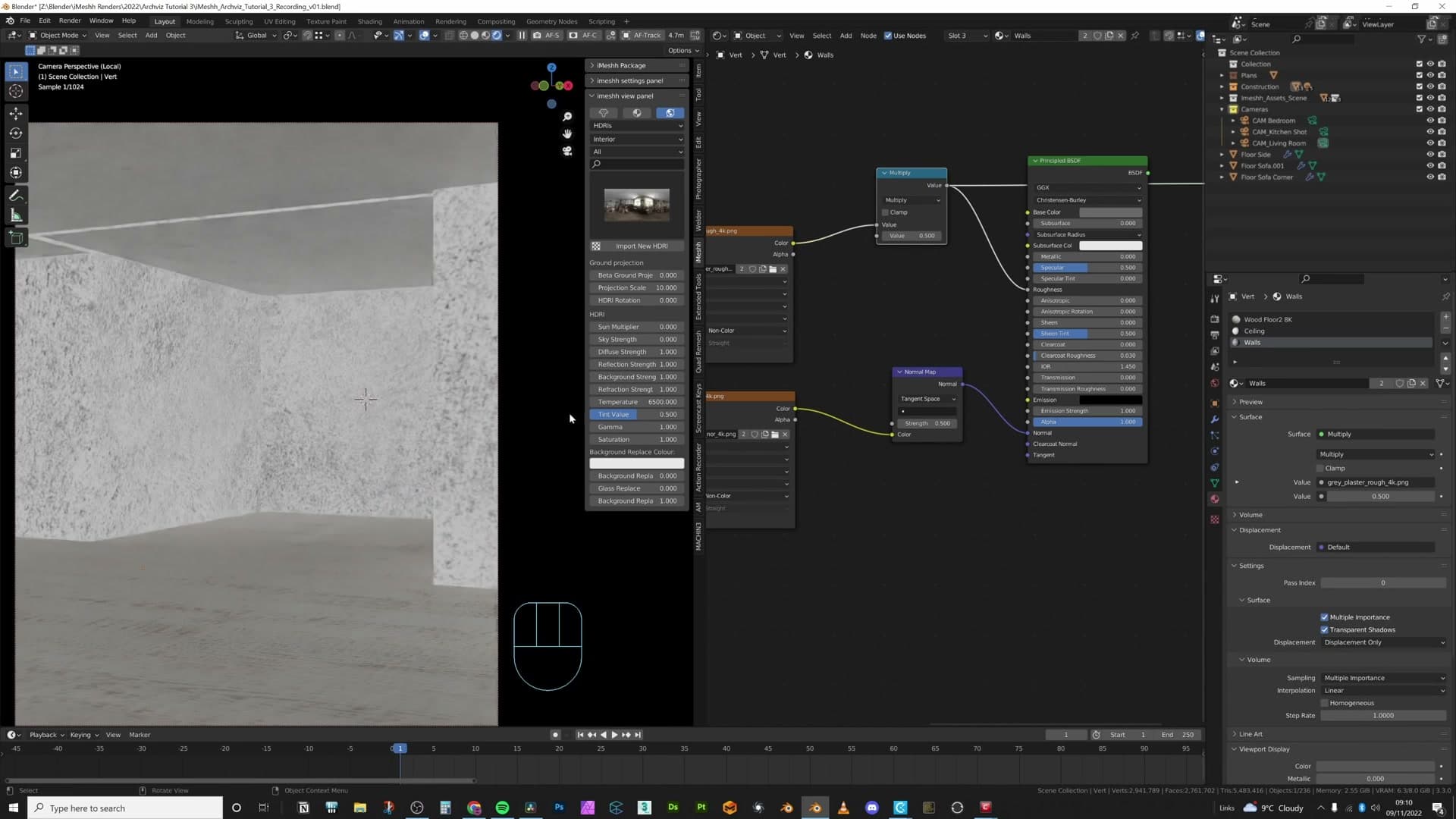 Smart UV unwrap with Node Wrangler previewing the roughness output to set tile scale.