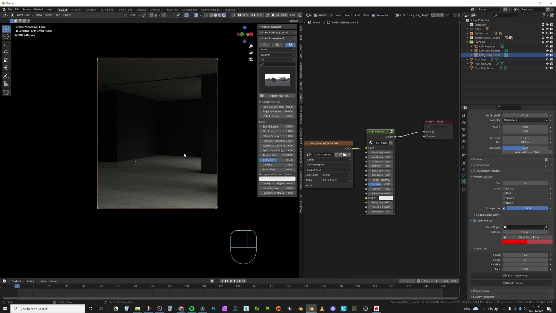 World shader with Hue/Saturation node forcing the HDRI to zero saturation.