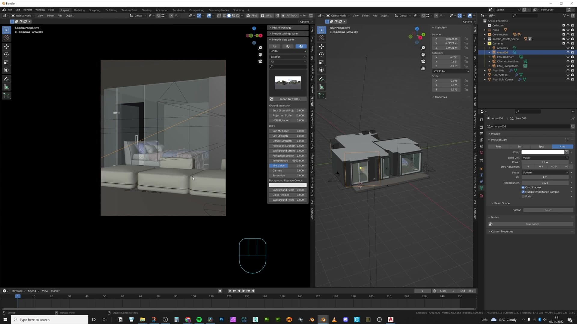 Area light Spread set to 46° for sharper, more directional shadows than the default 180°.