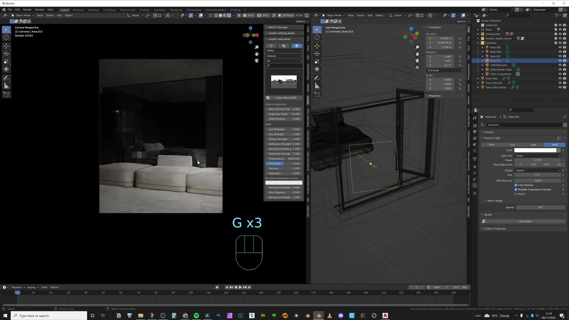 Test render showing the directional 'sun' shaped by area-light placement and spread.