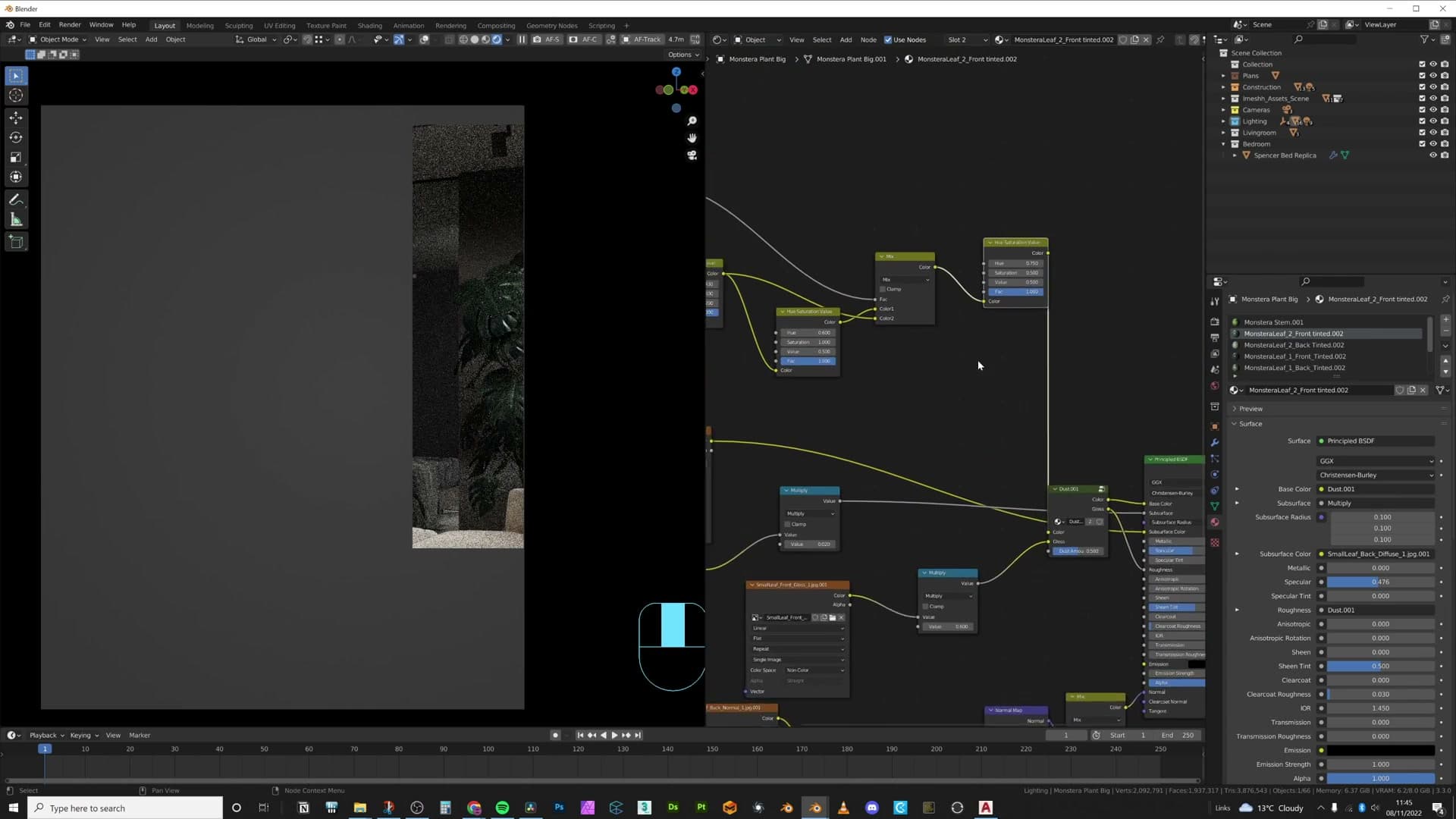 Hue/Saturation node added inside each leaf material, making the leaves darker, more desaturated, and hue-shifted toward the room palette.