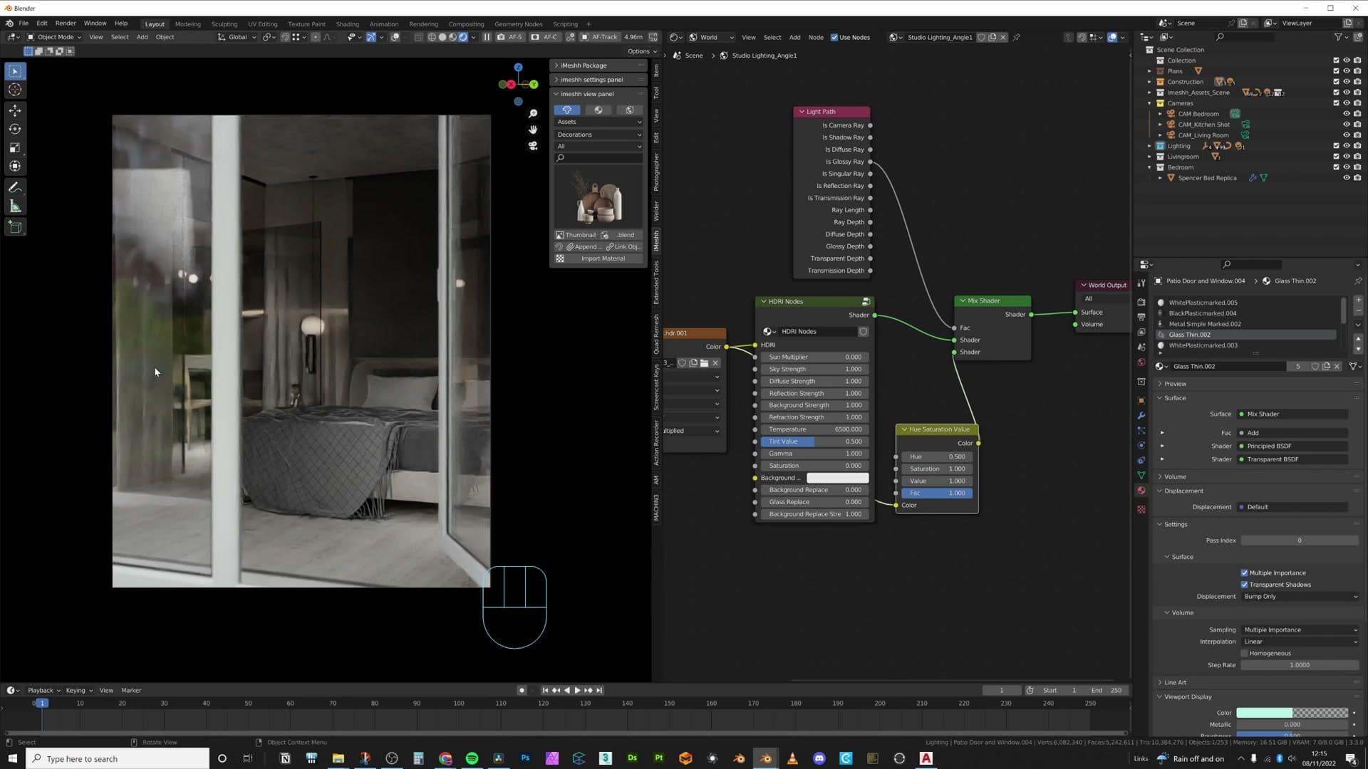 World shader: Mix Shader driven by Is Glossy Ray so reflections stay saturated while the rest of the HDRI is monochrome.