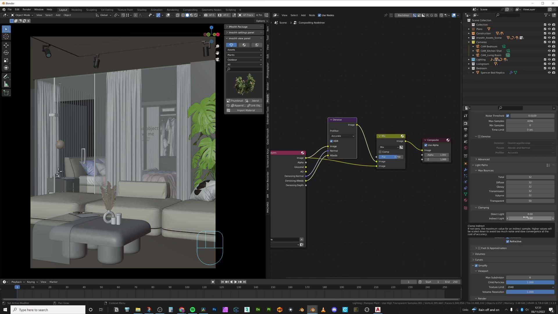 All bounce counts at 32, Transparent at 50 for the pampas, both clamps at 0 for fully realistic light energy.