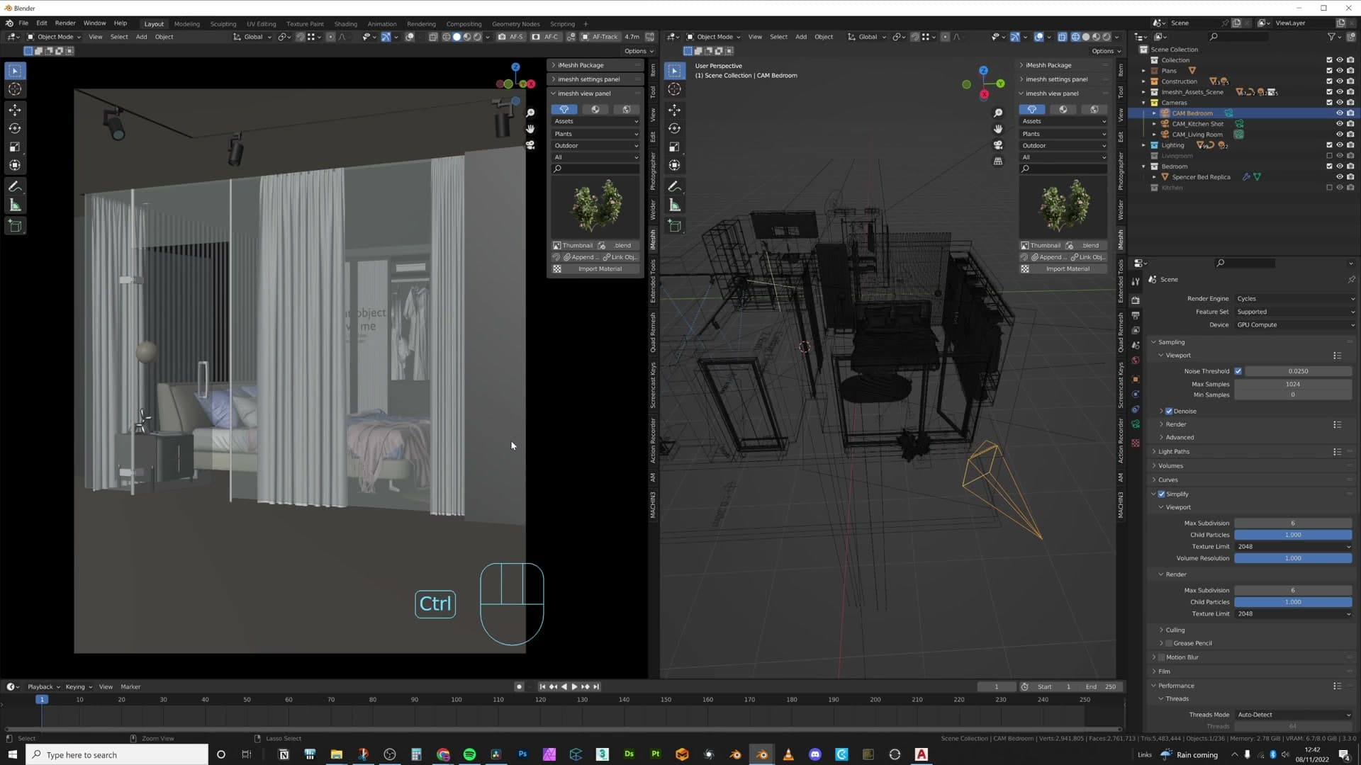 Furniture moved into per-camera collections so the kitchen render isn't paying VRAM for the living-room sofa.