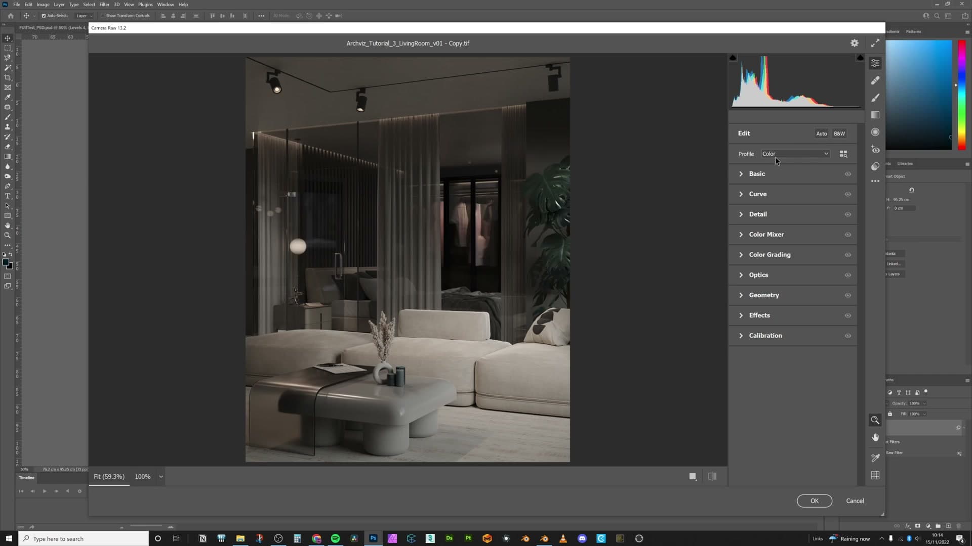 Photoshop: render dragged in, converted to Smart Object so Camera Raw stays re-editable.