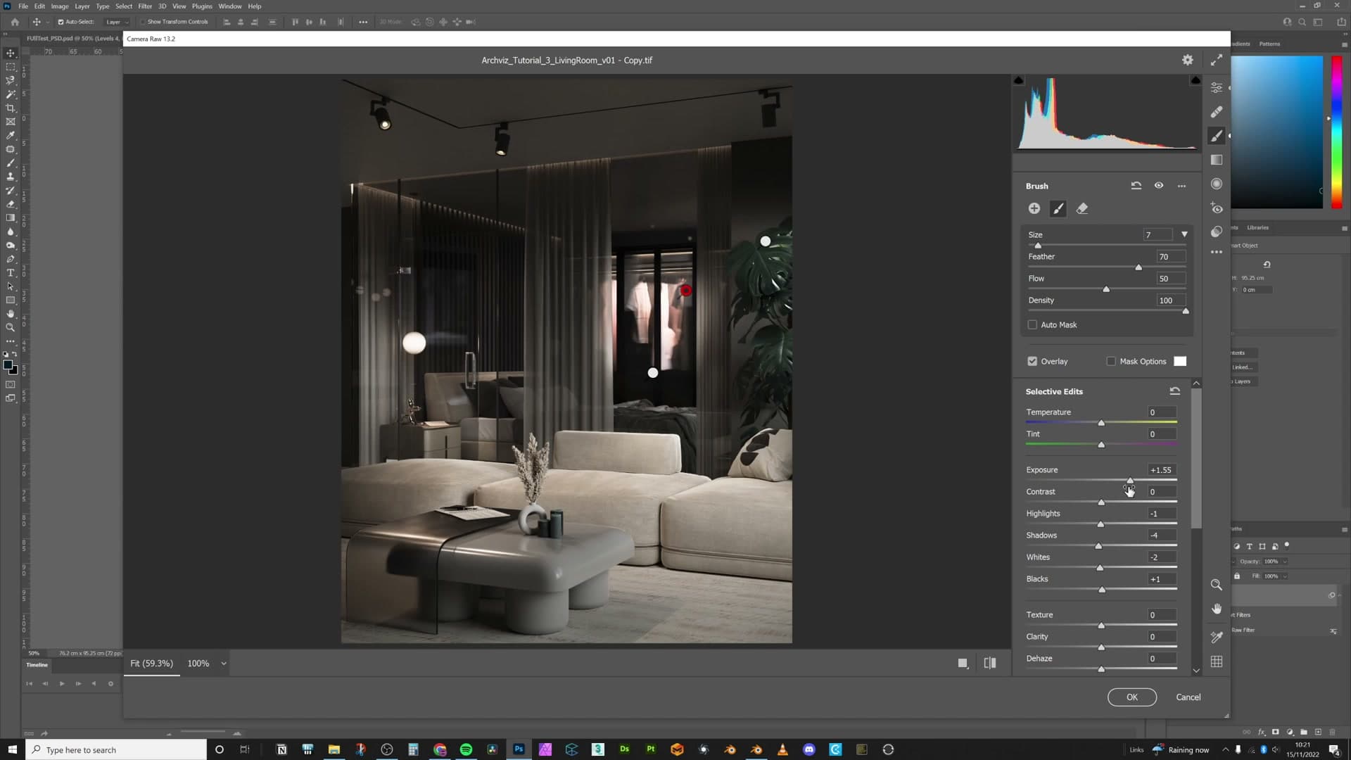 Adjustment brush masking exposure into the sofa-corner focal area without lifting the whole image.