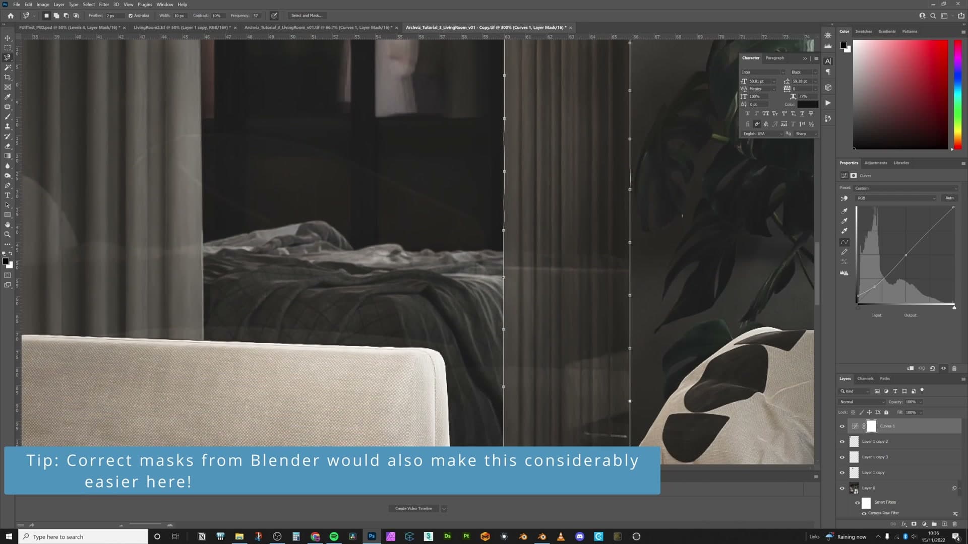 Camera Raw filter Alt-dragged onto the living-room TIFF for a one-click starting grade.