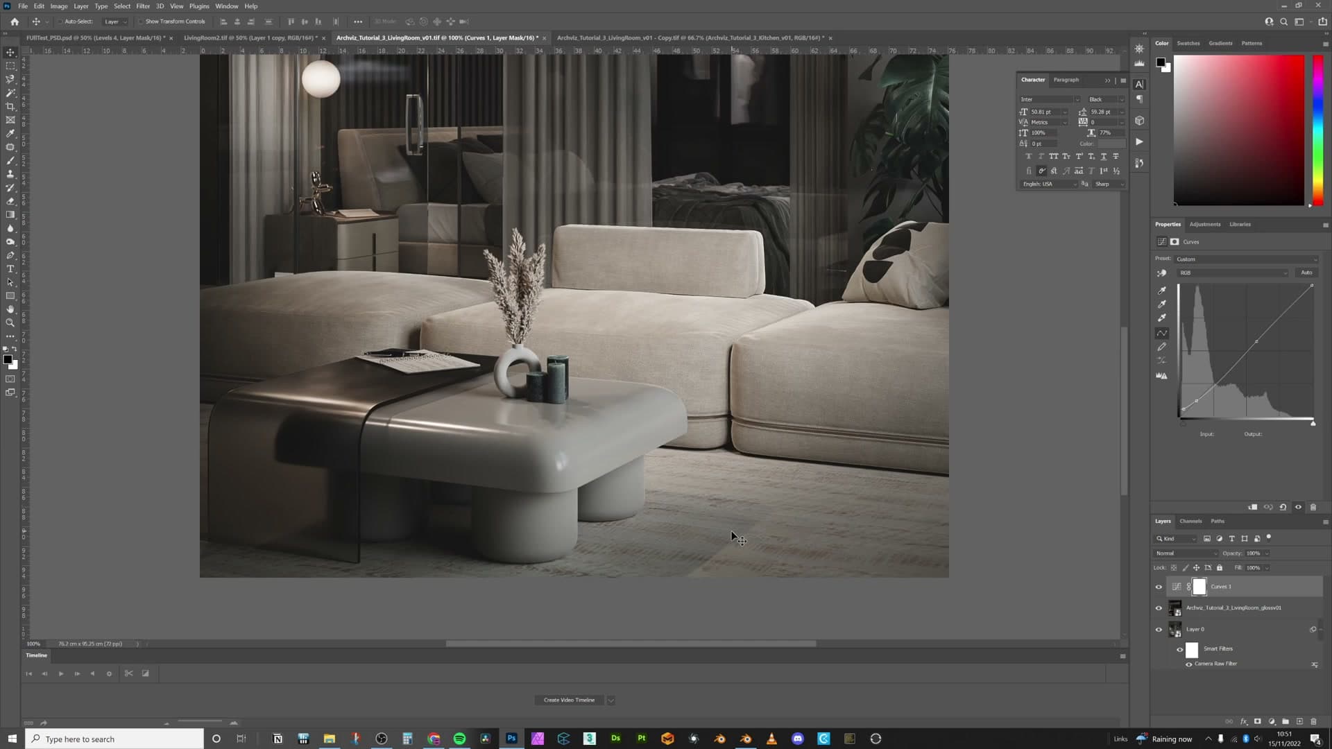 Three final renders side by side, sharing the same Camera Raw treatment as a portfolio set.