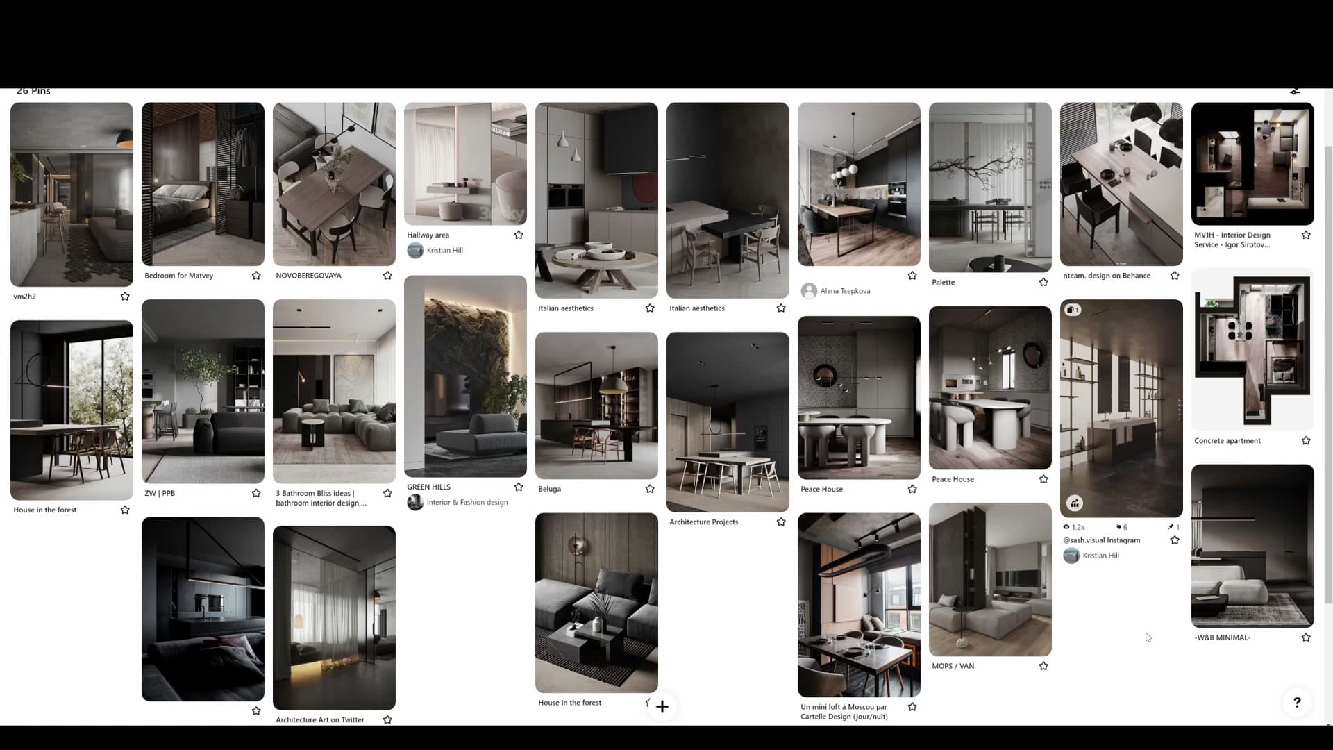 Pinterest board pinned with the soft-lit interior references the renders will be modelled on.