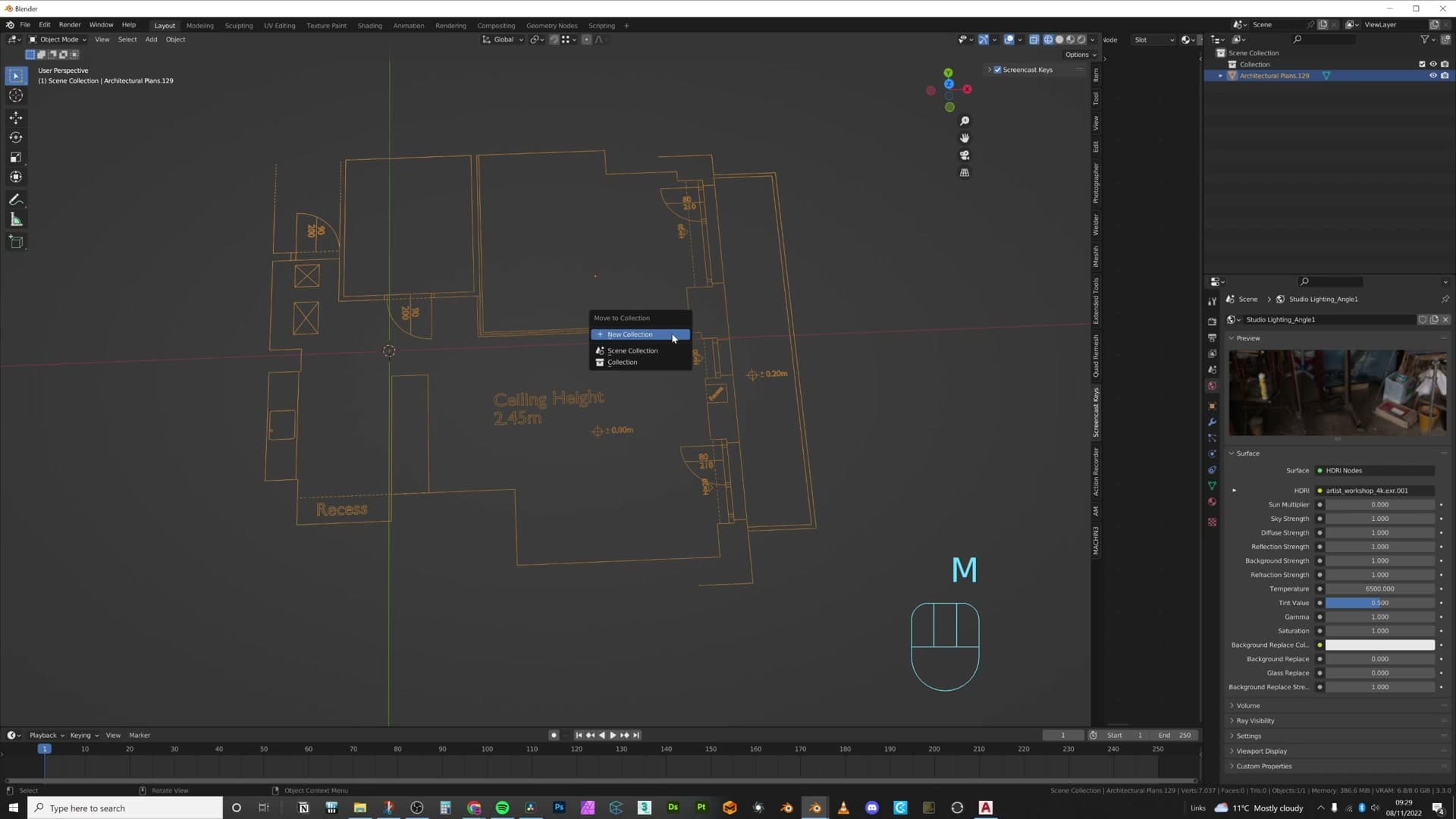 Single vertex snapped to the plan, ready to E-extrude the wall outline.