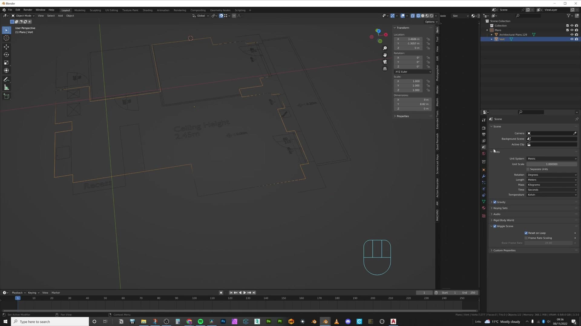 Walls extruded up E Z 2.45 to the architect-specified ceiling height.