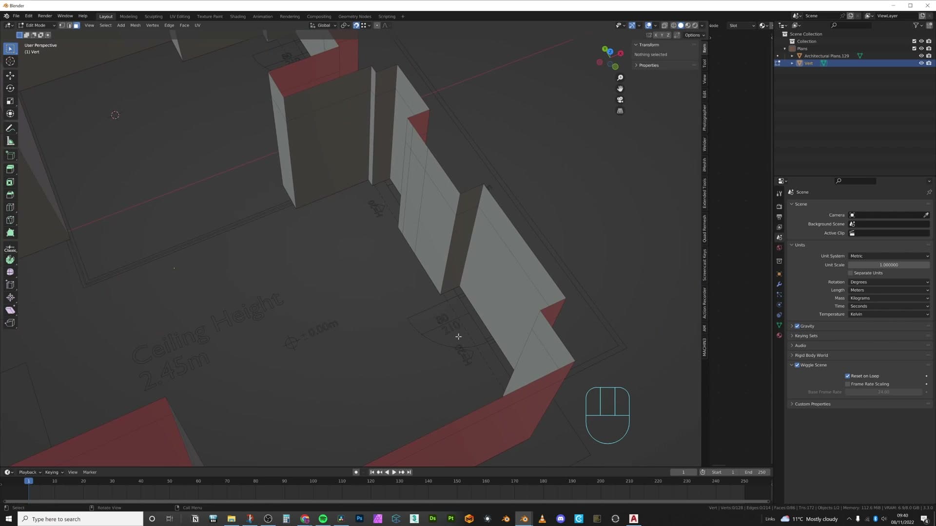 Loop cut placed at the 200cm door head, with door faces selected for extrusion through the wall.
