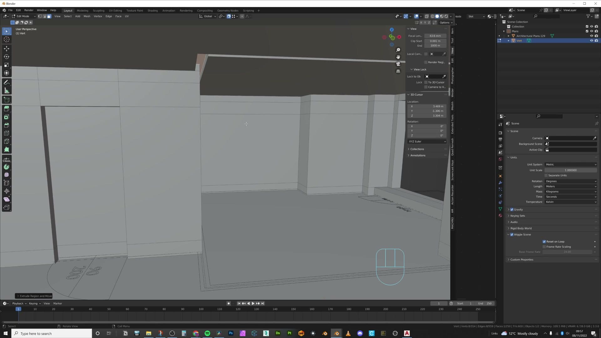 Knife-cut recess in the wall where the glass partition will sit.