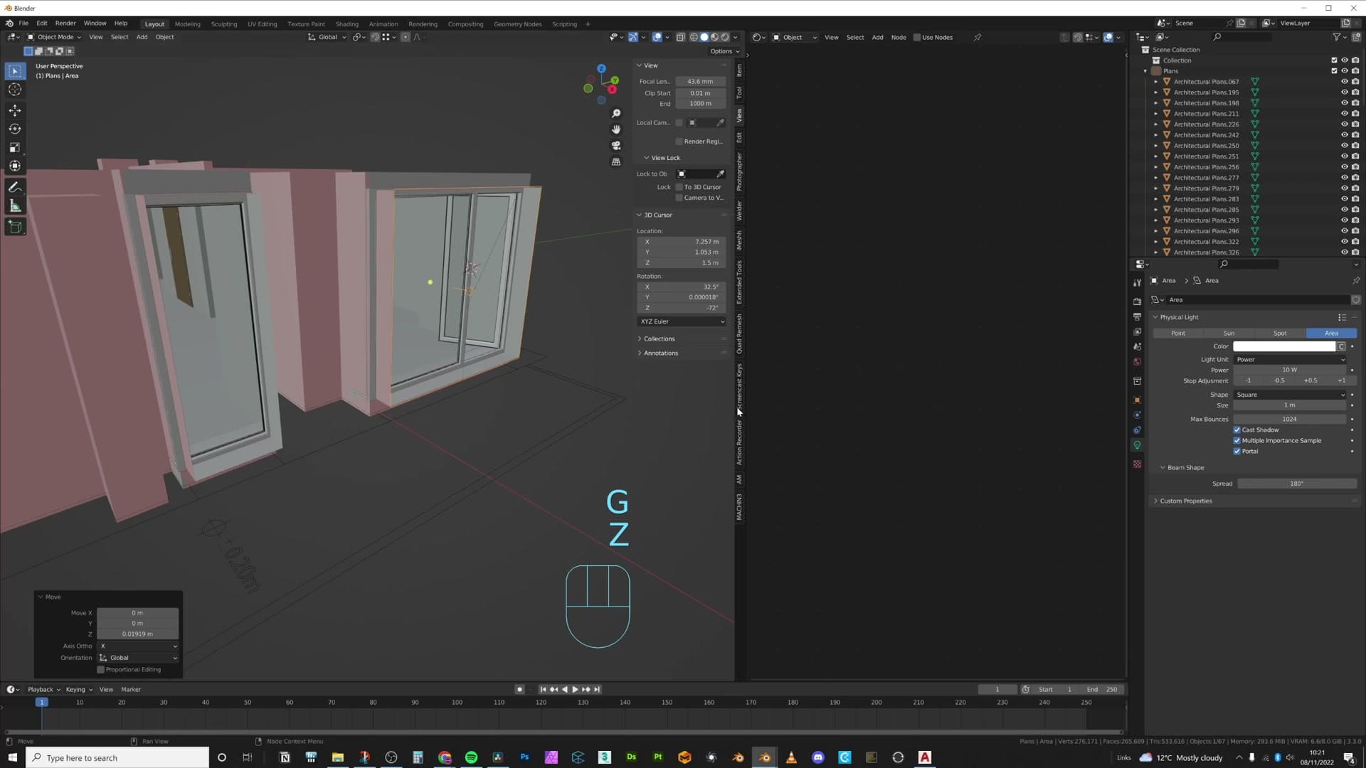 Area light set to Portal mode across each window so Cycles samples outdoor light efficiently.