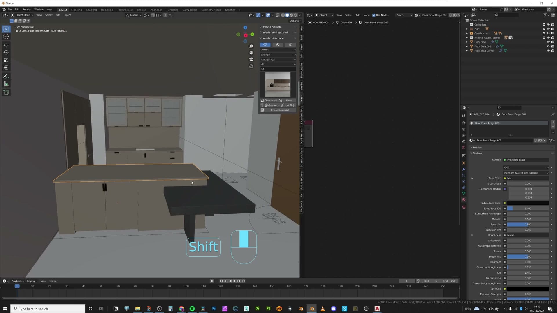 Sofa, bed, and modular kitchen blocked in to establish the three camera anchors.