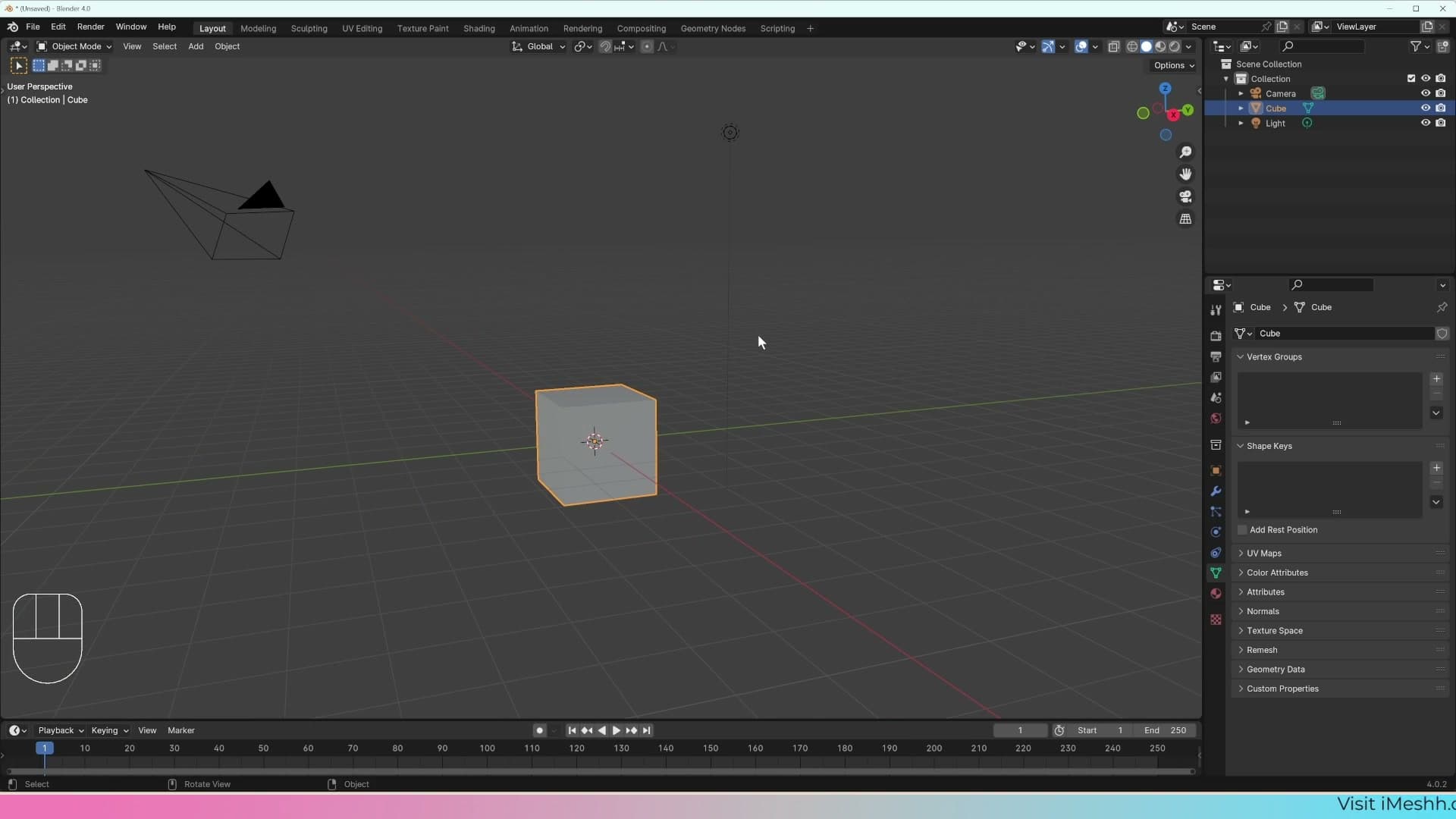 The Properties panel showing object-specific settings such as light strength and camera parameters.