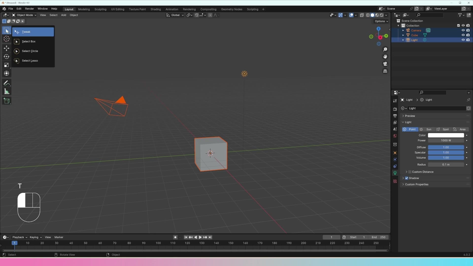 Box select dragged across the default scene to grab the cube, light, and camera in one go.