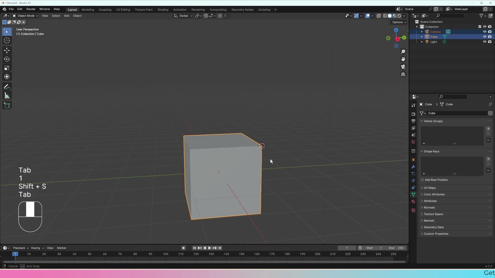 The 3D cursor snapped to a point on the default cube. Blender guesses the surface position from the mouse.