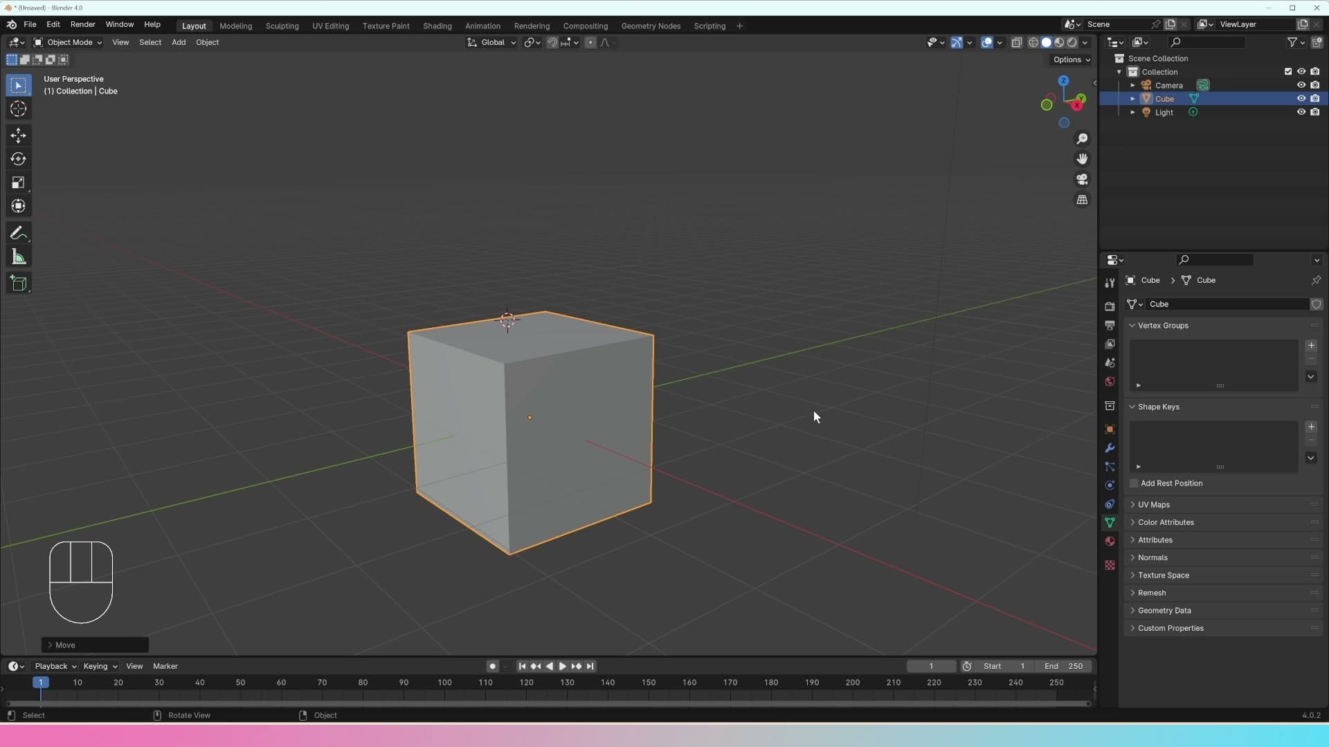 G Y 2 moves the cube exactly two metres along Y. Typed values show in the top-left as you press them.