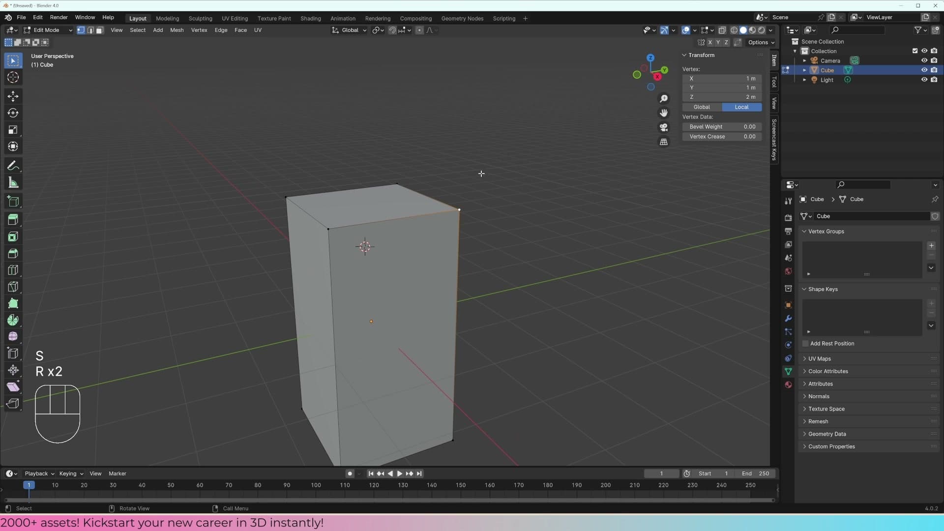 Shift+D to duplicate the cube along the Y axis.
