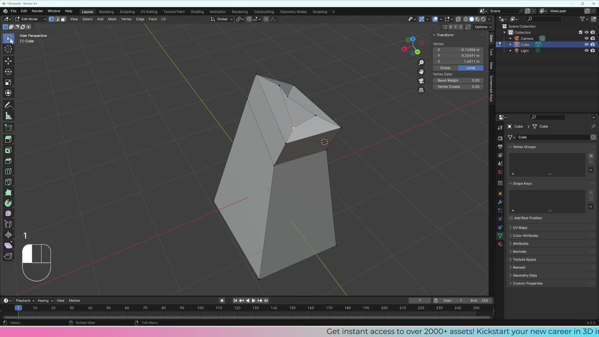 A bevel applied to a cube edge with extra segments. Scroll the middle mouse wheel while the tool is active to add rounding.