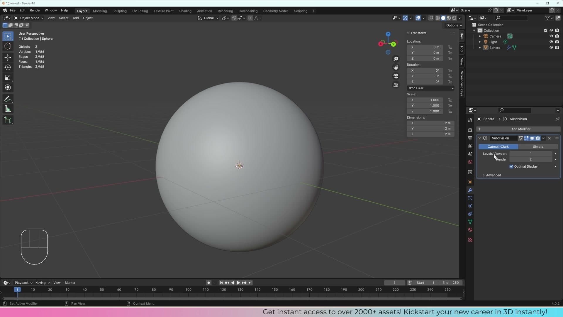 Statistics overlay showing 2 million faces from a 128x64 sphere, illustrating why low-poly plus Subsurf is the better workflow.