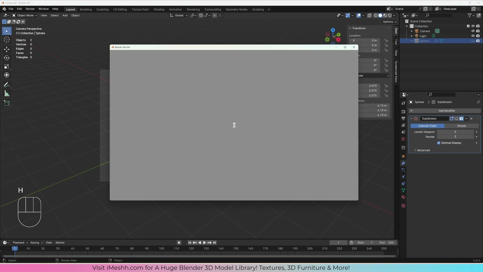 The modifier's two-level setting: viewport stays cheap at 1 while render goes higher to 3.