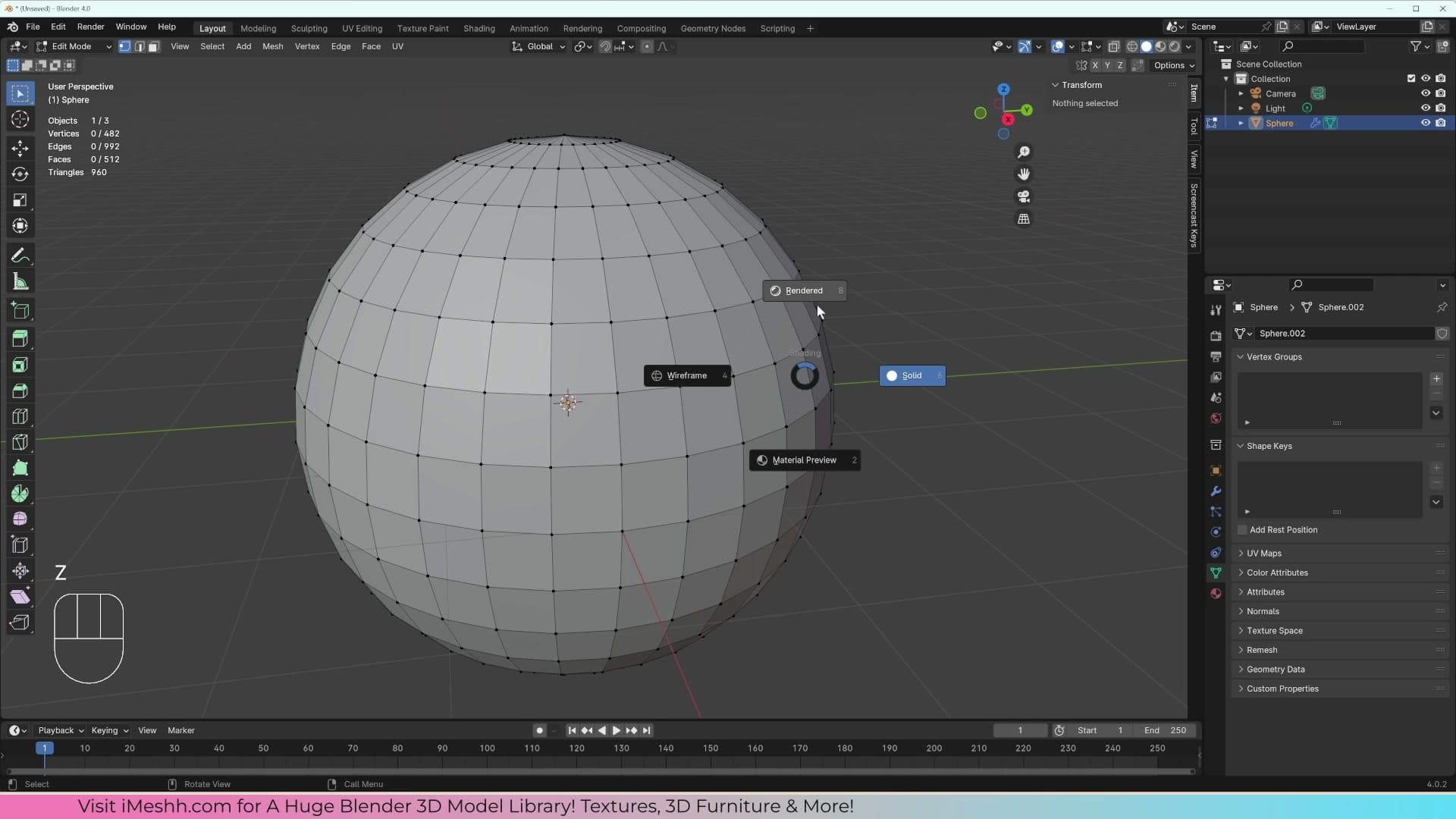 The Z key pie menu for quick-switching between the four viewport shading modes.