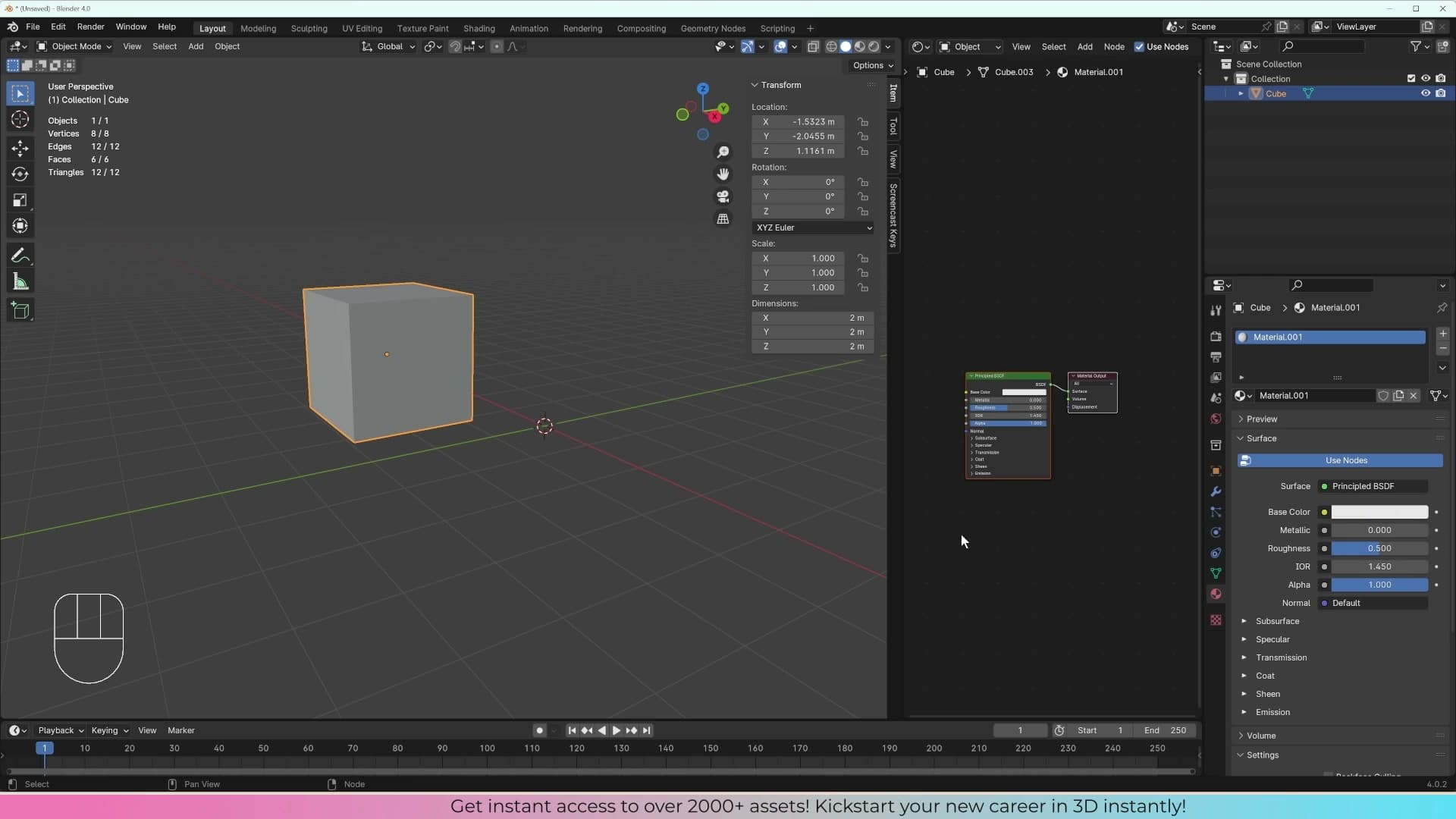 Editor type dropdown switched to Shader Editor, where you'll build materials for the rest of the course.