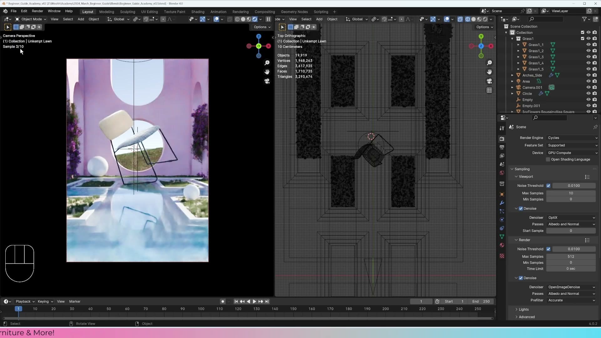 Two-sample viewport render: the denoiser smears edges into a paintery blur.
