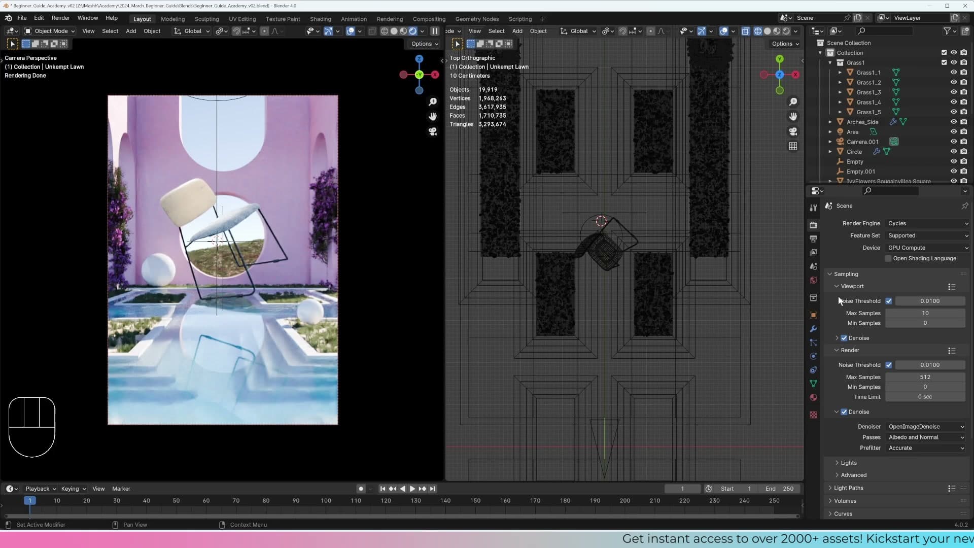 Ten-sample viewport render: the denoiser resolves the scene cleanly with the extra information.