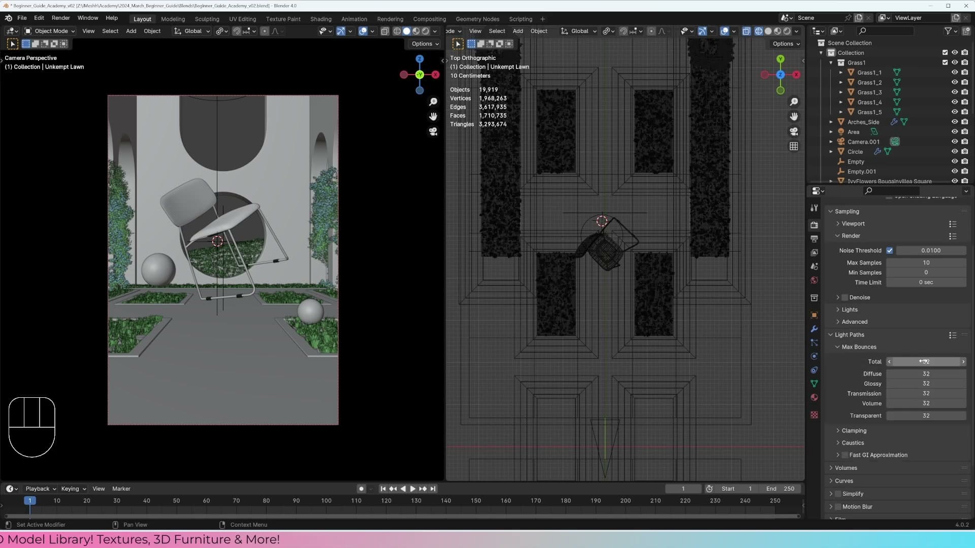Light Paths panel with max bounces set to 32 and AGX High Contrast as the view transform.