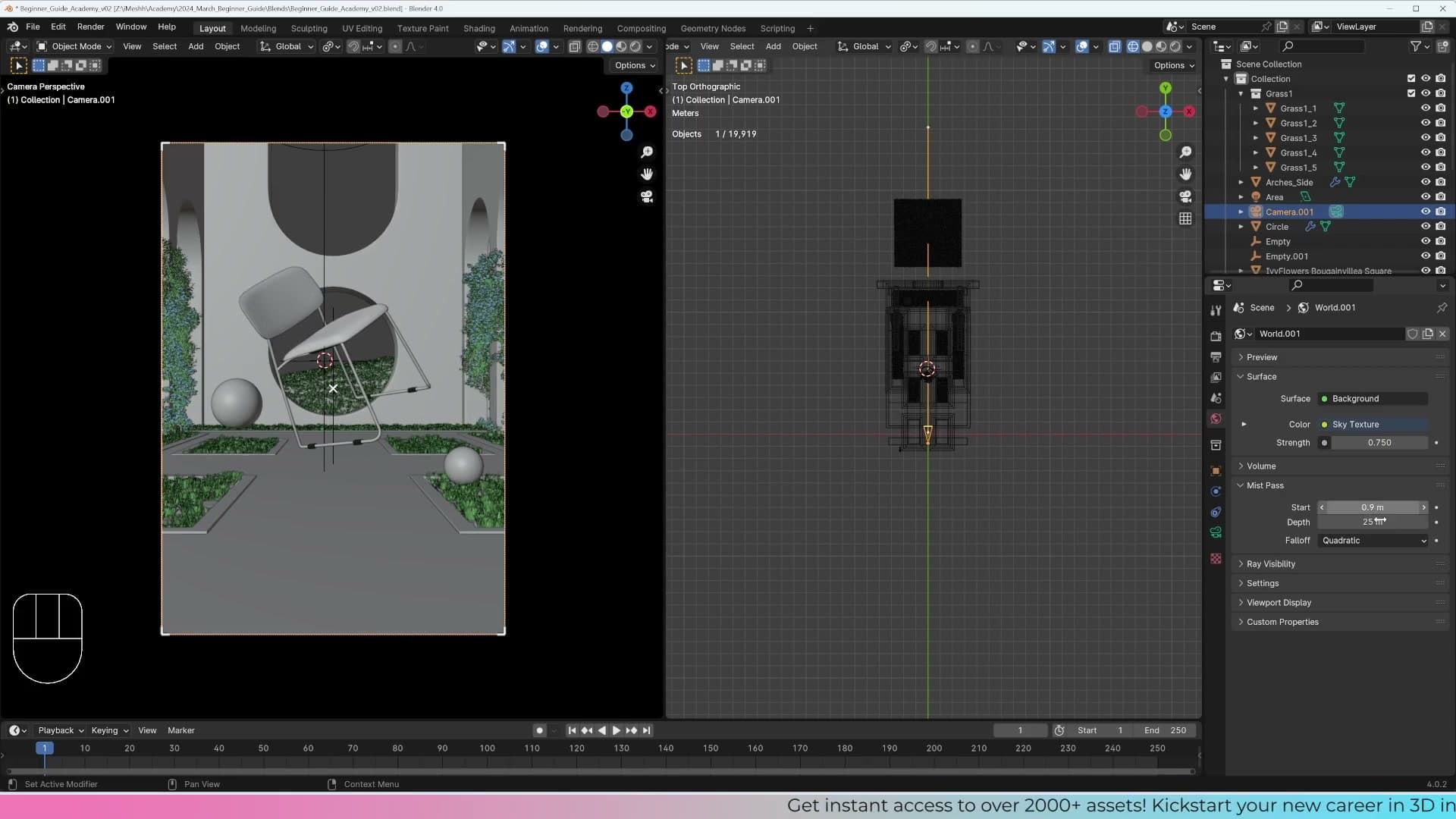 Camera viewport showing the mist start and end gizmo as two markers along the lens axis.