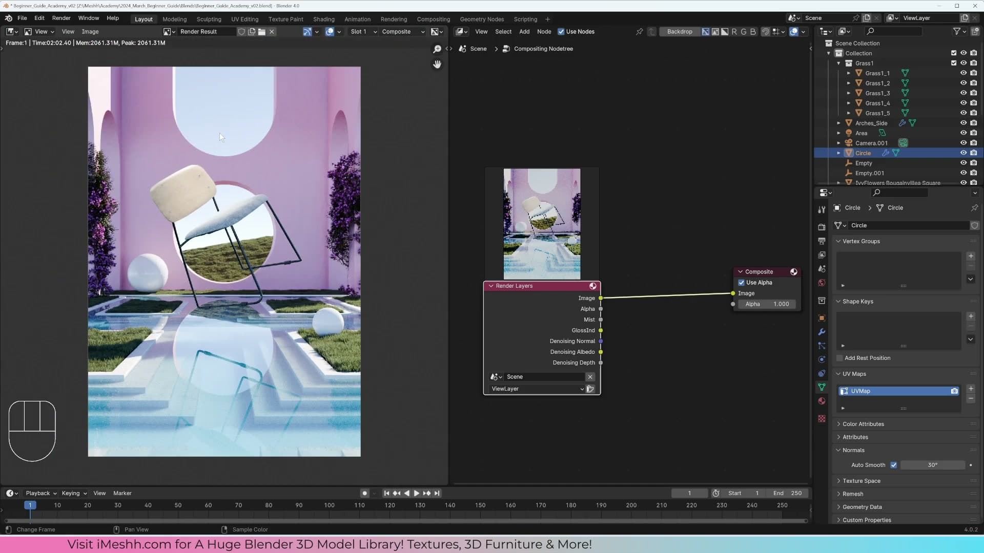Custom layout with Compositor and Use Nodes enabled on top, Image Editor showing Render Result on the bottom.
