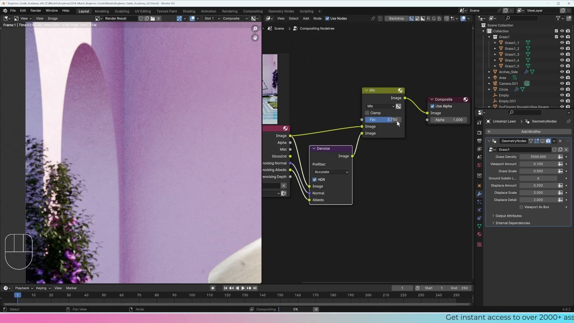 Mix Color node blending noisy and denoised images, factor at 0.75 toward denoised.